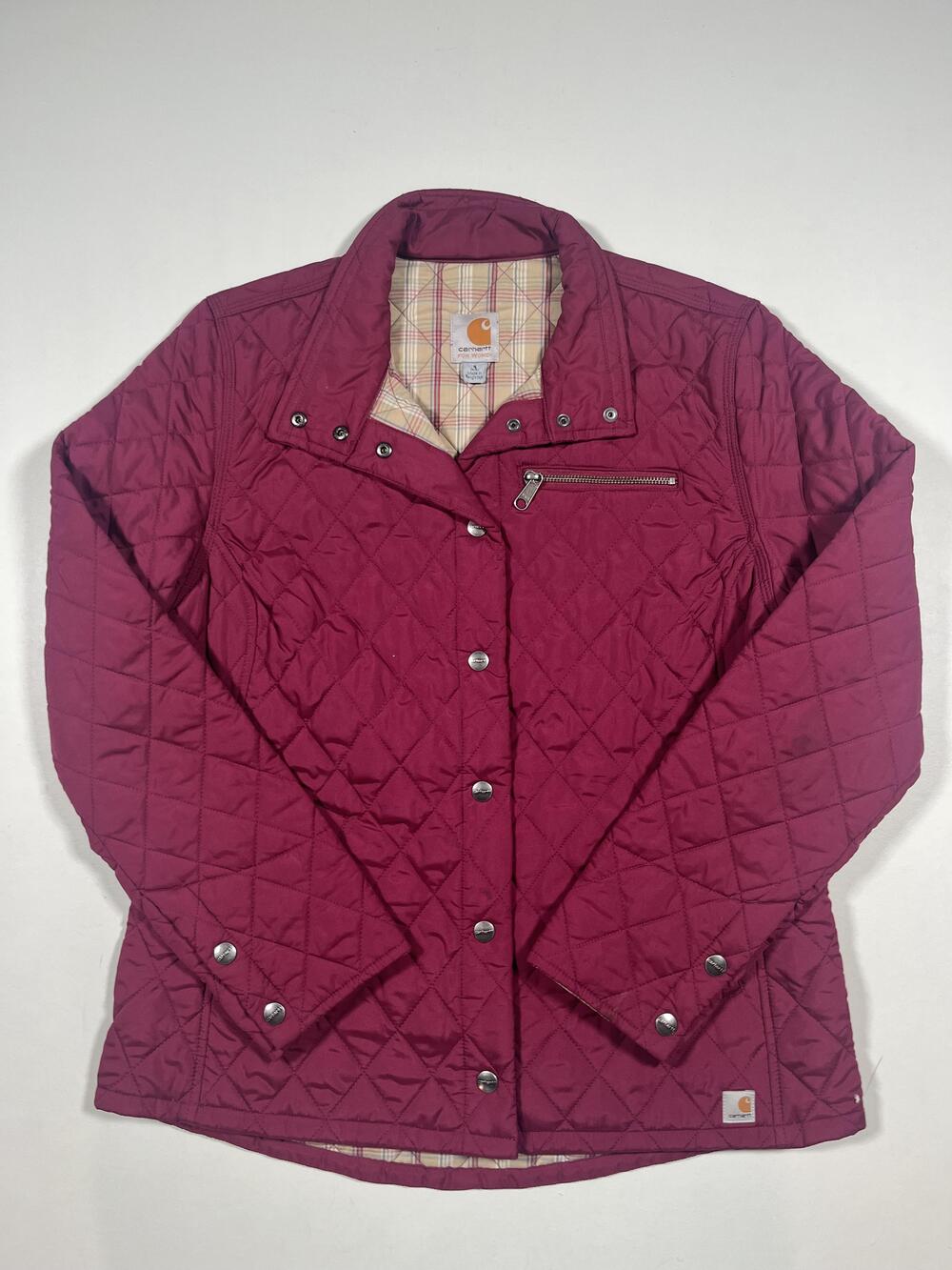Carhartt Puffer Jacket Womens Small Red Quilted Plaid Lined Insulated Snap Front